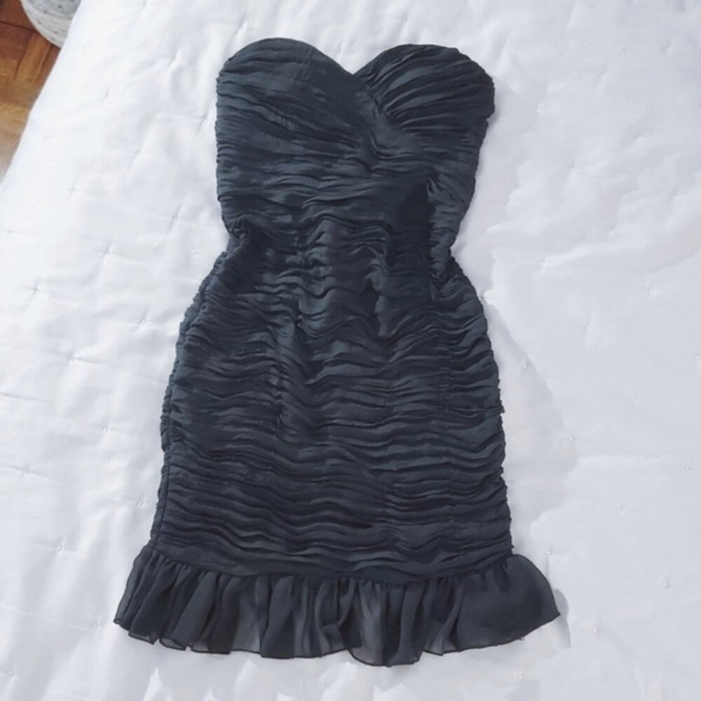 Midi Trumpet Ruffled Black Strapless Dress